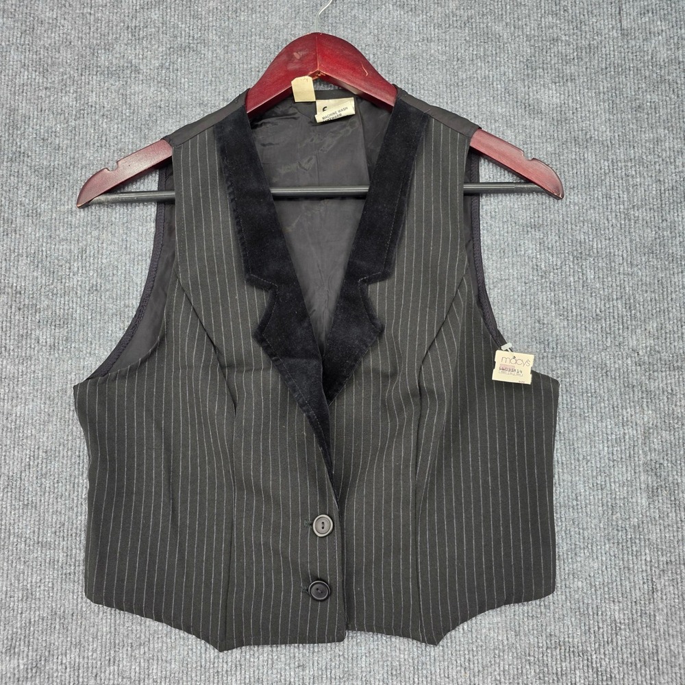 Vintage Fritzi Pinstripe Vest Black Velvet Lapel Button Front Waistcoat M NOS